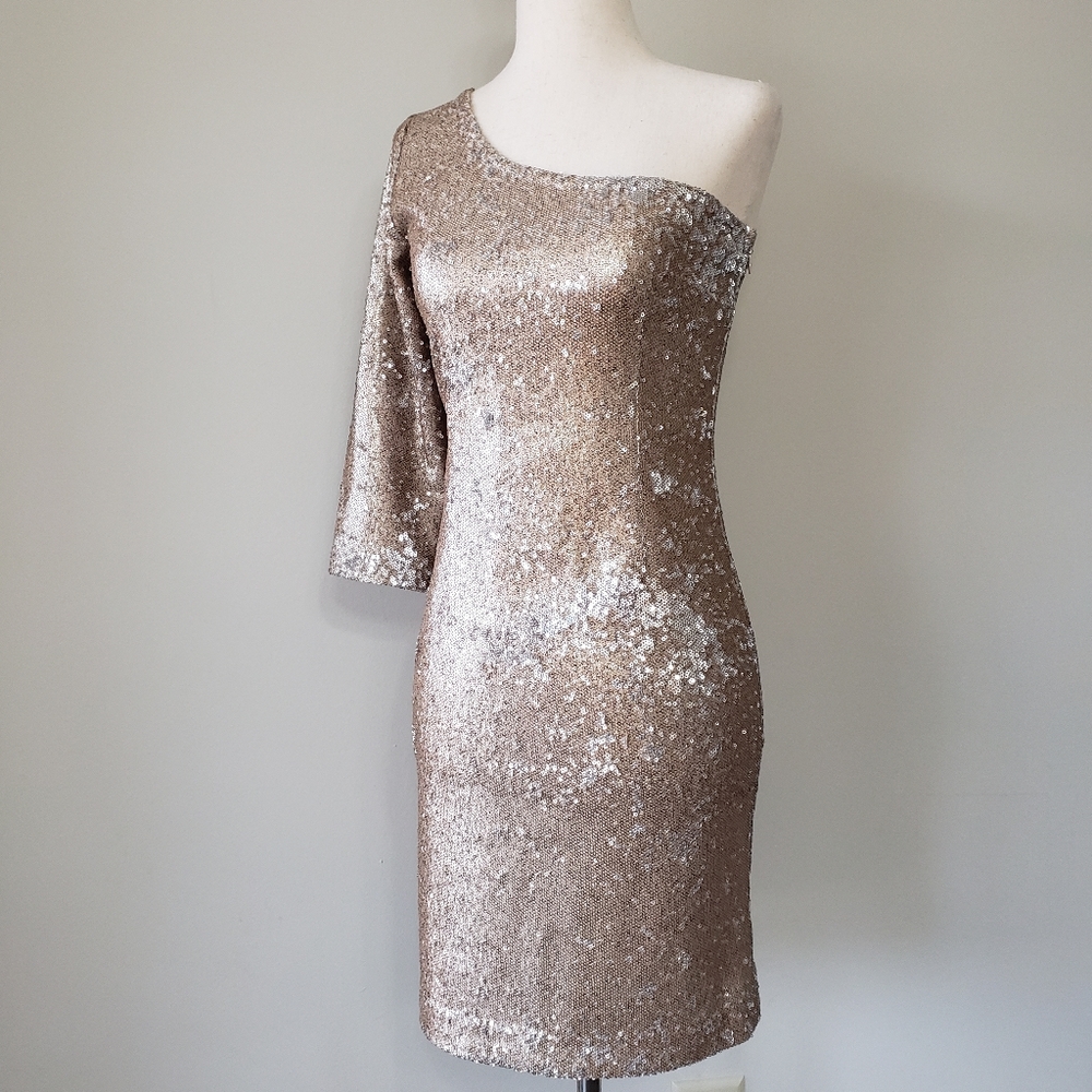 BB Dakota One Shoulder Sequin Mini Bodycon Dress Champagne Size 2
